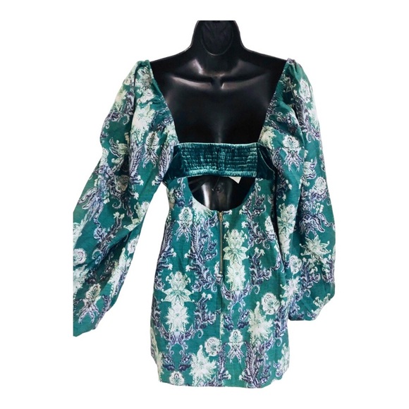 Free People structured green brocade look velvet balloon sleeve babydoll dress - Picture 13 of 16